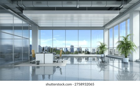 Spacious modern open-plan office with large panoramic windows and minimalist white workstations. 3d illustration