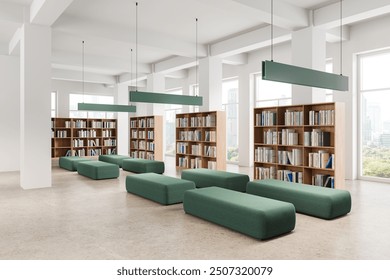 Spacious modern public library interior with wooden bookshelves and green seating on a light background. Concept of a quiet reading place. 3D Rendering