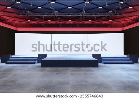 Spacious modern stage setup with blank white screens, steps, and spotlights in an event hall, featuring a dark ceiling and tiled flooring. 3D Rendering.