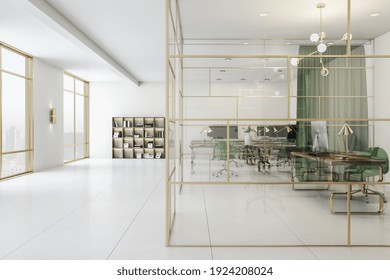 Spacious Office With Green And Gold Interior, Cabinet With Glass Wall And Perfect Furniture. 3D Rendering