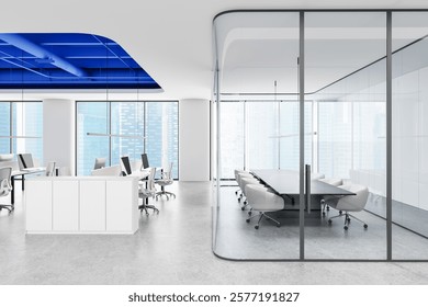 Spacious office interior featuring open workstations, sleek glass-walled meeting room, and blue ceiling design. Bright, modern business concept. 3D Rendering.