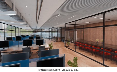 Spacious open plan corporate office with glass meeting rooms, modern workstations and desktop computers designed for collaborative business productivity and professional operations.