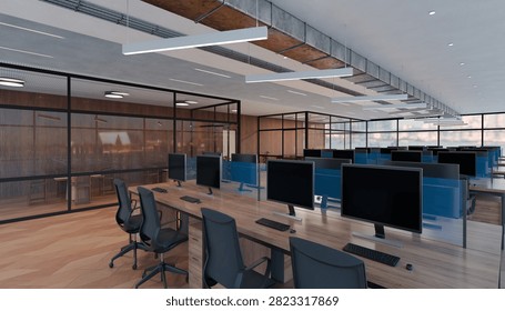 Spacious open plan office interior with modern workstations, desktop computers and glass meeting rooms designed for efficient business collaboration.
