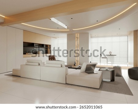 A spacious, open-plan modern living and dining area featuring a large white sectional sofa, integrated warm lighting, minimalist decor, and a dedicated workspace. Sleek design with natural wood accent
