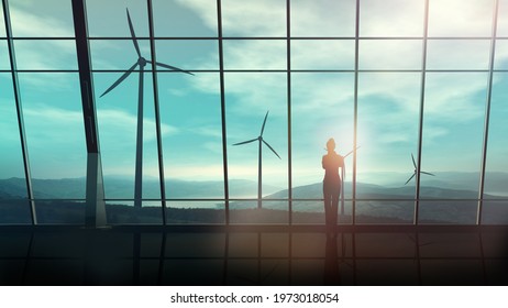 In A Spacious Room Against The Window, A Business Woman Looks At Wind Turbines. 3D Illustration