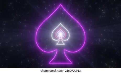 Spade Shape Outline Playing Card Dark Glow Neon Light Tunnel Portal 3D Rendering - Abstract Background Texture