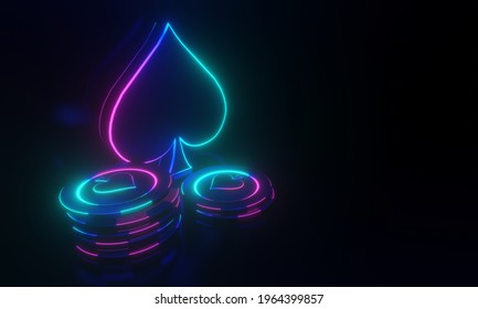 Spades and casino chips glowing neon lights on the black background, 3d illustration
