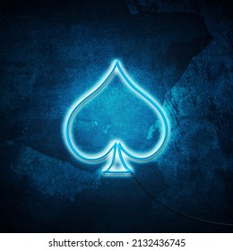 Spades, Neon Icon, Suit On Grunge Blue Background. Poker. Black Jack. Gambling Background