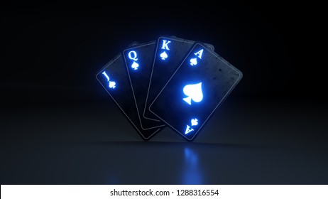 Spades Playing Cards Stack With Blue Neon Lights Isolated On The Black Background - 3D Illustration