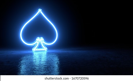 Spades Symbol Of Cards With Neon Light - 3D Illustration