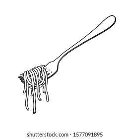 Spaghetti Pasta On Fork Outline Illustration On White Background; Pasta On A Fork Drawing; Italian Food