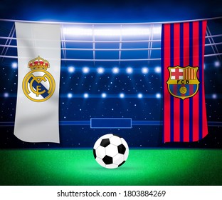 Spain, 08-27-2020: Real Madrid Vs FC Barcelona Soccer Match Stadium Background. Illustration Design