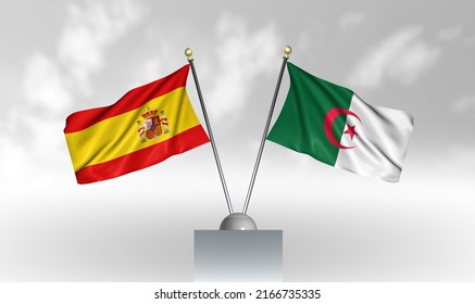 Spain and Algeria Flags, 3D rendering with a white cloudy background