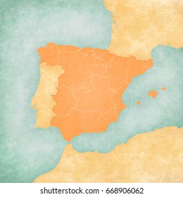 Spain (blank map with inner borders) on the map of Iberian Peninsula in soft grunge and vintage style on old paper.