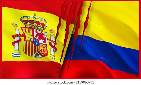 Spanien und Kolumbien Flaggen mit Narrenkonzept. Waving Flag, 3D Rendering. Konfliktkonzept für Spanien und Kolumbien. Spanien Kolumbien-Konzept für die Beziehungen. Flagge Spaniens und Kolumbien Krise, Krieg, Angriffskonzept
