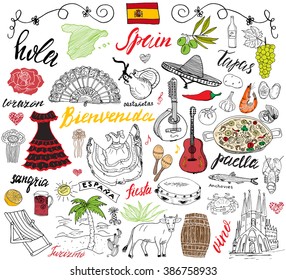 Spain Doodles Elements. Hand Drawn Set With Spanish Food Paella, Shrimps, Olives, Grape, Fan, Wine Barrel, Guitars, Music Instruments, Dresses, Bull, Rose, Flag And Map, Lettering. Doodle Set Isolated