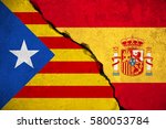 spain flag on broken brick wall and half catalan flag, vote referendum for catalonia independence exit national crisis separatism risk concept