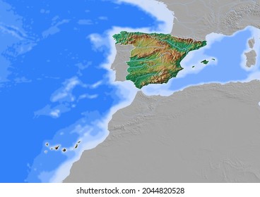 Spain Map, Map Of Spain With Capital And Major Cities - 3D Rendering. 3d Map Colored Considering Vegetation And Land Use.