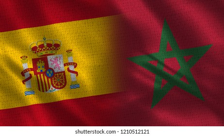 Spain And Morocco - 3D Illustration Two Flag Together - Fabric Texture