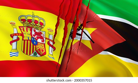 Spain And Mozambique Flags With Scar Concept. Waving Flag,3D Rendering. Spain And Mozambique Conflict Concept. Spain Mozambique Relations Concept. Flag Of Spain And Mozambique Crisis,war, Attack
