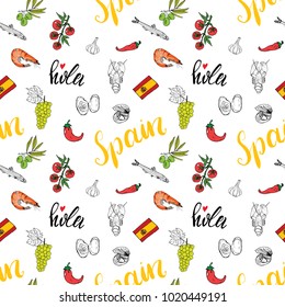 Spain Seamless Pattern Doodle Elements, Hand Drawn Sketch Spanish Food Shrimps, Olives, Grape, Flag And Lettering. Illustration Background