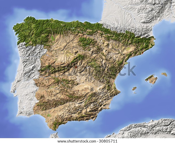 Spain. Shaded relief map. Surrounding territory greyed out. Colored according to vegetation. Includes clip path for the state area.