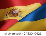 Spain and Ukraine flags over each other. Partnership and negotiation concept. 3D rendered illustration.