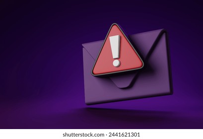 Spam email notification with an exclamation mark, emphasizing cyber security and online safety. 3D render illustration