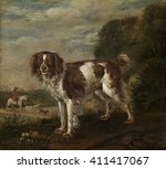 A Spaniel, by Paulus Potter, 1653, Dutch painting, oil on panel. A landscape with a partridge dog and a hunter on horseback with dogs in the background