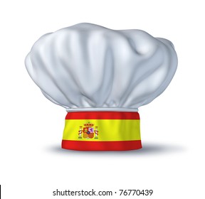 Spanish Food Symbol Represented By A Chef Hat With The Flag Of Spain Isolated On White.