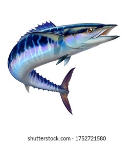 Spanish Mackerel Wahoo Dark Blue Fish Big Fish On White Realistic Illustration Isolate. Oceanic Big Mackerel Green Predatory Fish With Open Mouth.