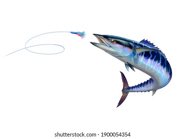 Spanish Mackerel wahoo dark blue attack Bait Sea Swim Squids realistic illustration isolate. Oceanic big mackerel green predatory fish with open mouth.