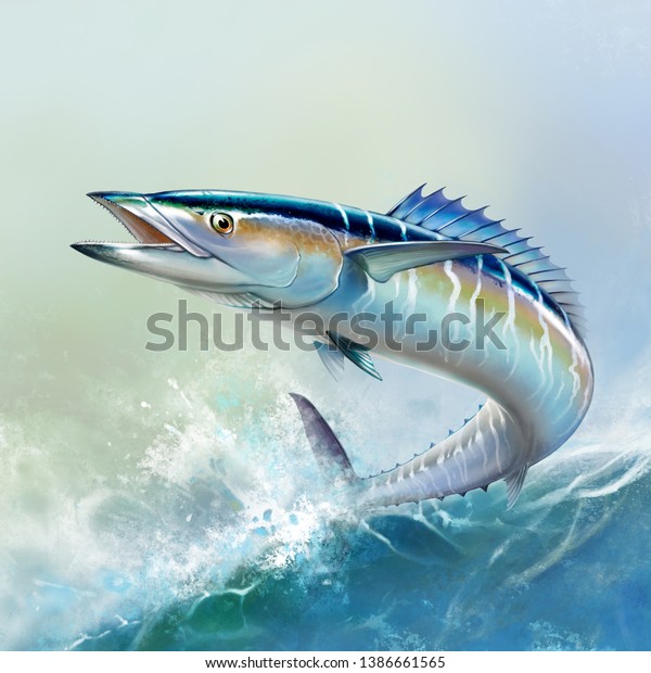 Spanish Mackerel wahoo fish big fish on the\
background of the waves realistic illustration.  A large mackerel\
fish jumps out of the\
water.