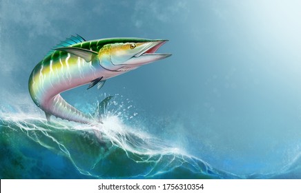Spanish Mackerel wahoo green fish big fish on background realistic illustration. Oceanic big mackerel green predatory fish with open mouth background of waves horizontal format.