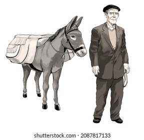 Spanish Old Man From Town With Donkey And Saddlebags. Baker And Pack Mule.