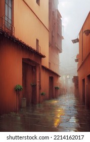 Spanish Terracotta Alleyway, Rainy Day, Josan Gonzalez Illustration, Impressionism, Vanishing Point