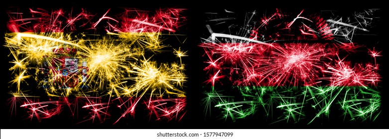 Spanish vs Malawi, Malawian New Year celebration sparkling fireworks flags concept background. Combination of two abstract states flags.
 - Powered by Shutterstock