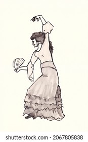 Spanish Woman With Fan Dancing Flamenco Black And White Ink Drawing. High Quality Illustration