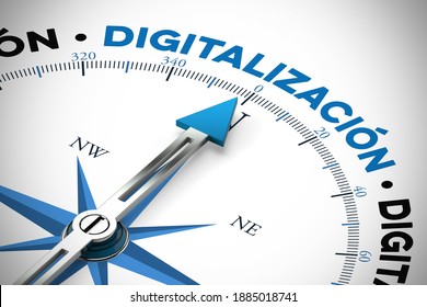 Spanisches Wort Digitalización (Digitalisierung) als digitales Transformationskonzept für Kompass (3D-Rendering)