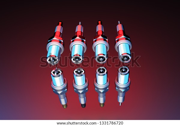 Spare\
parts spark plugs on multicolored background for car and\
motorcycle. New auto parts spark plug. 3D\
rendering