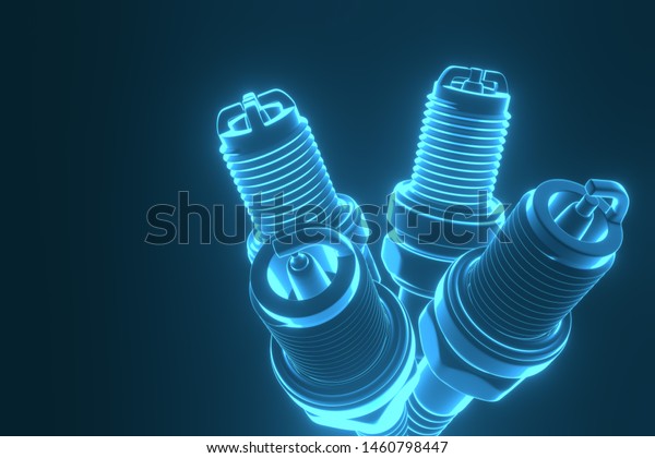 Spare parts spark\
plugs on blue background for car and motorcycle. New auto parts\
spark plug. 3D\
rendering