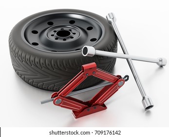 Spare tyre, car jack and wheel wrench isolated on white background. 3D illustration.