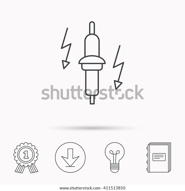 Spark plug icon. Car electric part\
sign. Download arrow, lamp, learn book and award medal\
icons.