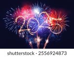 Sparkle firework illumination on black night background, happy new year 2025 concept