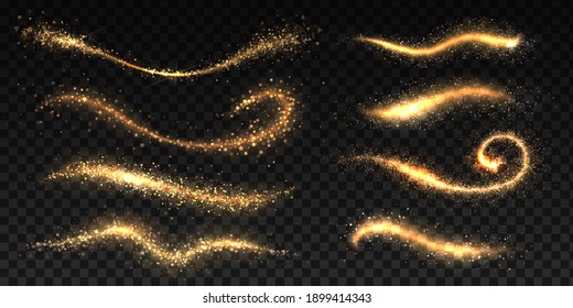 Sparkle stardust. Golden glittering dust brush templates, shining star or comet trails, Christmas shimmer texture.  image glowing effect brightness wave fairy glamour magics illustration