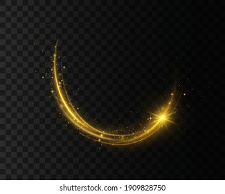 Sparkling Light Trails. Light Effects, Waves. Golden, Glittering Magic Gold Particles Isolated On Transparent Background. Futuristic Flash. Glowing Shiny Spiral Lines Effect. 