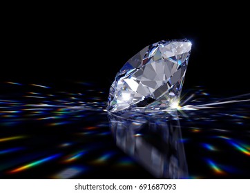 Sparkling light-blue round brilliant cut diamond with colorful caustics rays, laying on mirror black background. Close-up side view. 3D rendering illustration.