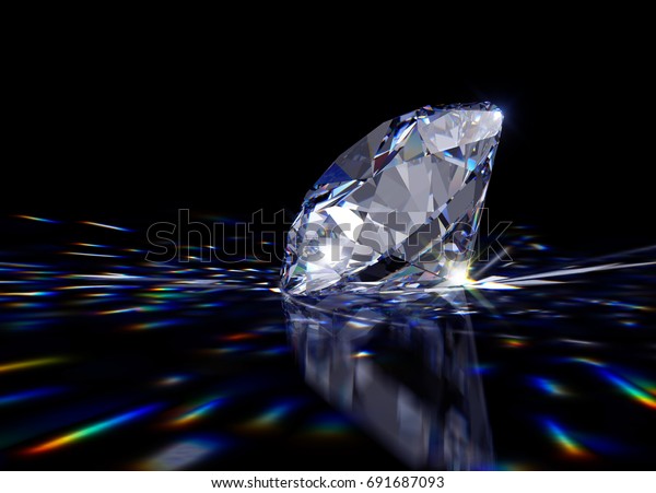 鏡面の黒い背景に 明るい青の丸い光輝くカットダイヤモンドとカラフルなコースティクスの光線 側面図を接写します 3dレンダリングイラスト のイラスト素材