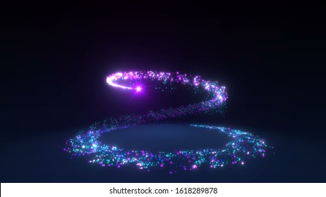 Sparkling Neon Glitter Spiral Effect. Shining Christmas Magic Particles And Sparkles Circles On Black Background. Luxury Magic Festive Effect With Bokeh And Glow. 3D Dust Trail In Ultra HD 4K