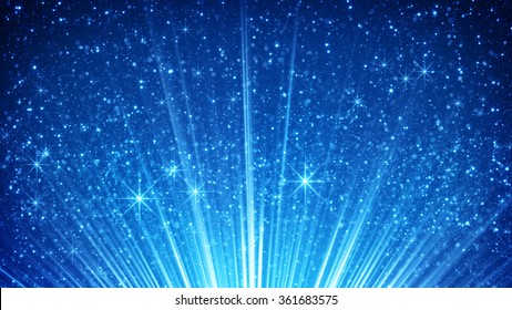 sparkling particles in blue light rays. computer generated abstract background 
